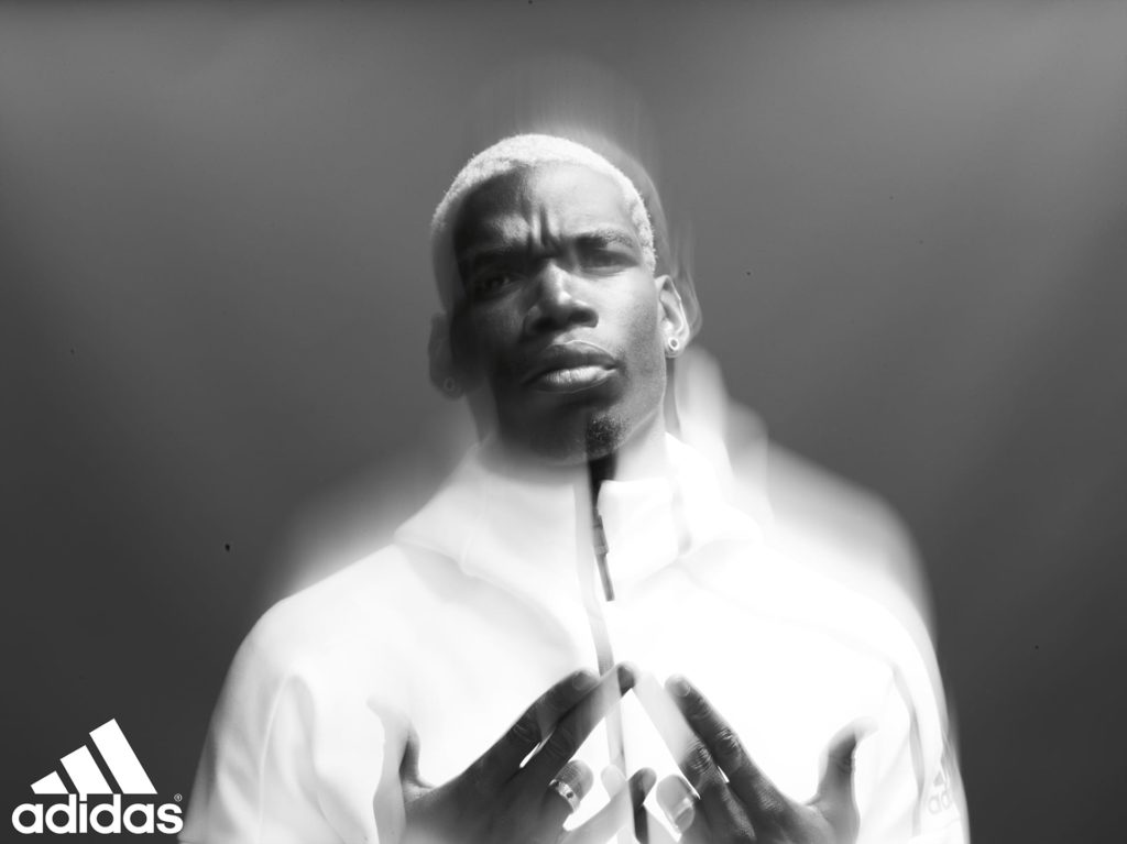 Black and white portrait of Paul Pogba for Adidas Footballers campaign