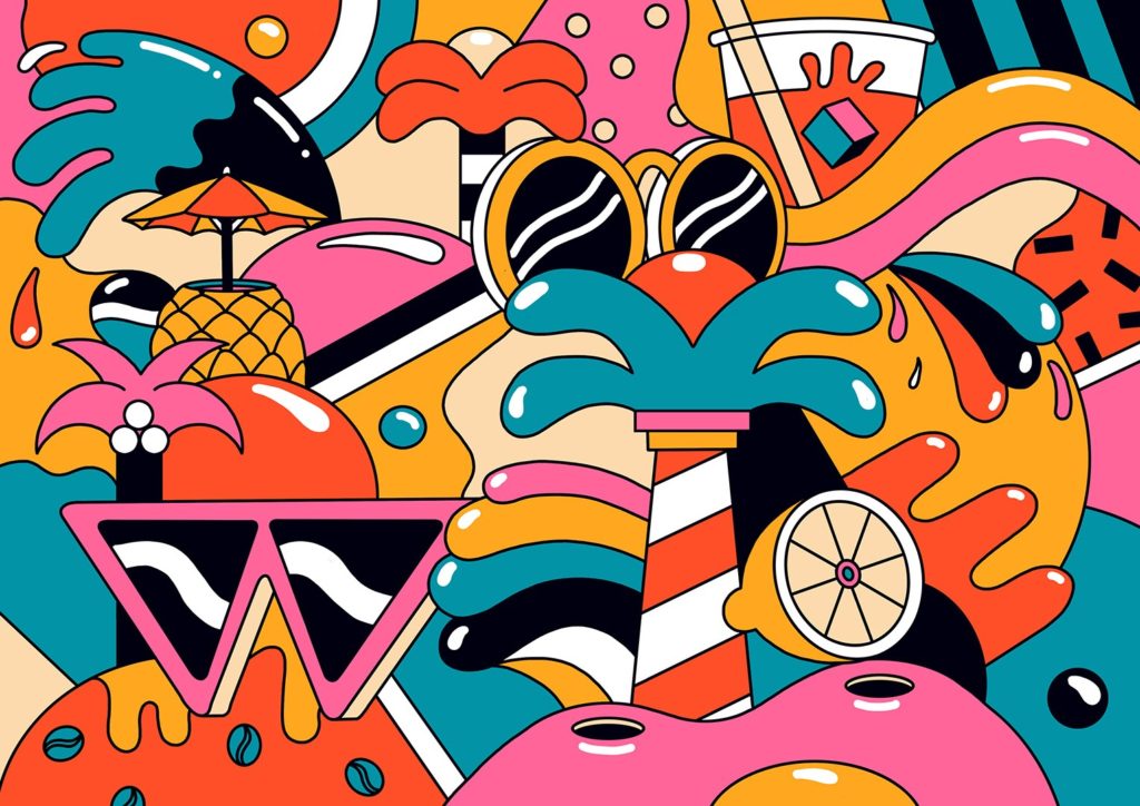 Yeye Weller's colorful, beachy graphic illustration with bubbly cartoon shapes.