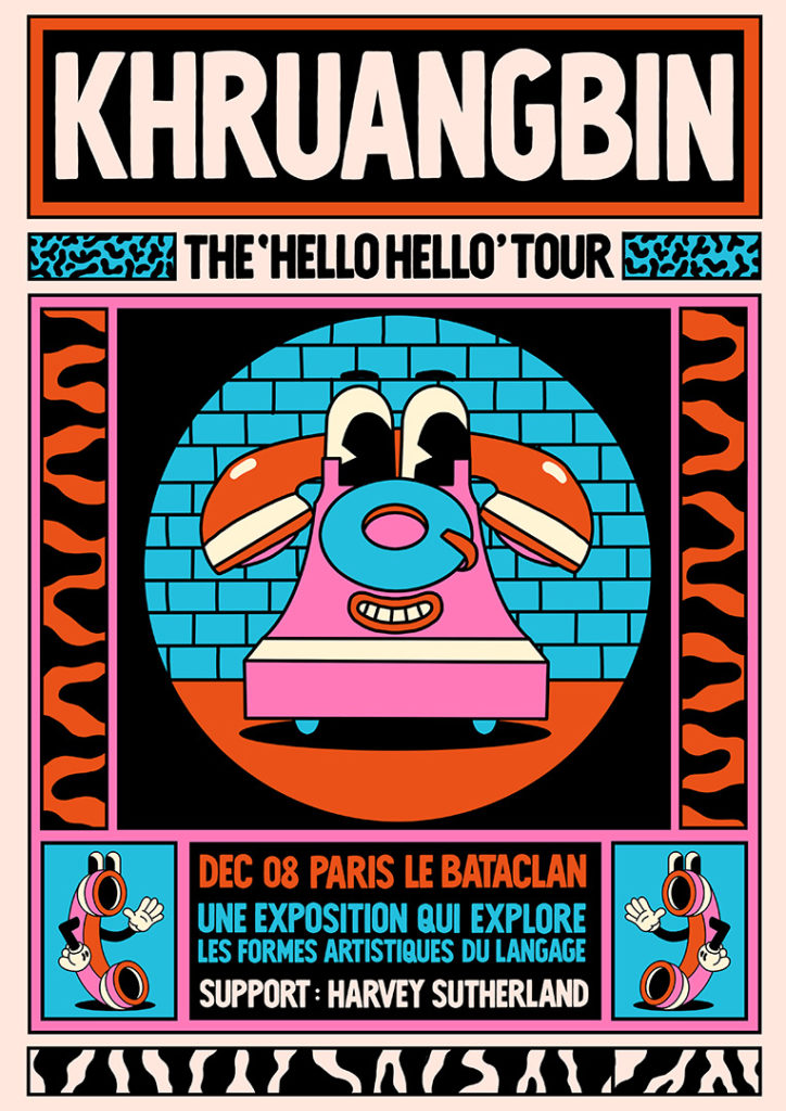 Yeye Weller's colorful illustration poster promoting the band Khruangbin's Hello Hello tour in Paris with cartoon phones.