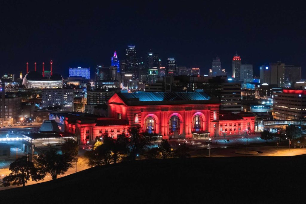 Hilltop night view of Union Station and National World War I Museum and Memorial in Kansas City, MO.